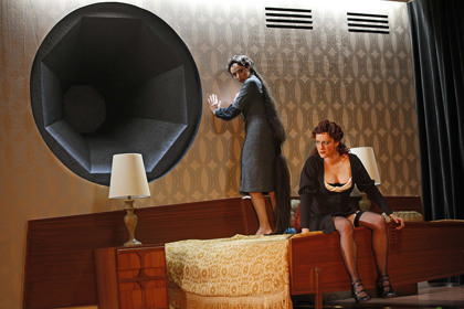 Production still for "Venus and Adonis". L-R: Melissa Madden Gray, Susan Prior. Photographer: Jeff Busby