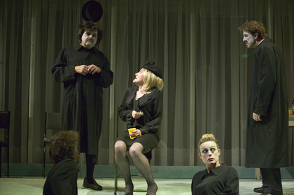 Production still for "The Ham Funeral". L-R: Matthew Whittet (seated), Ross Williams, Julie Forsyth, Marta Dusseldorp, Robert Menzies. Photographer: Lisa Tomasetti